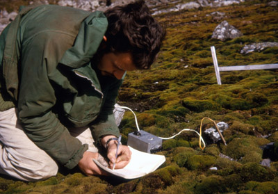 Royce Longton taking measurements in a moss bank