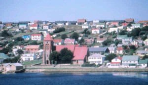 Stanley, Falkland Islands as seen from a ship in the harbour