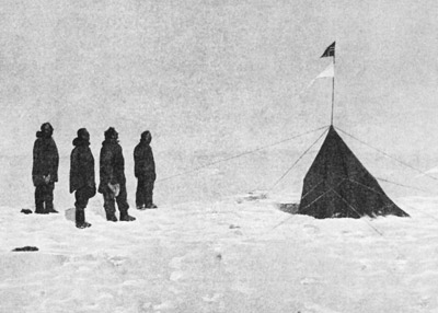 Roald Amundsen, Olav Olavson Bjaaland, Hilmer Hanssen, Sverre H. Hassel and Oscar Wisting by their South Pole marker tent and flag
