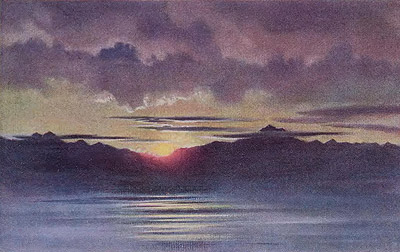 Edward Wilson, watercolour painting - an april sunset from hut point looking west