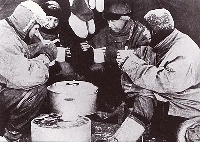 Mealtime while manhauling, l to r Evans, Bowers Wilson, Scott