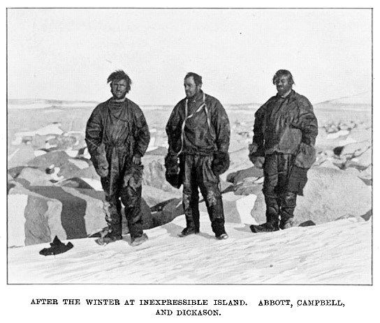 Abbott, Campbell and Dickason after thier winter in an ice cave on Inexpressible Island