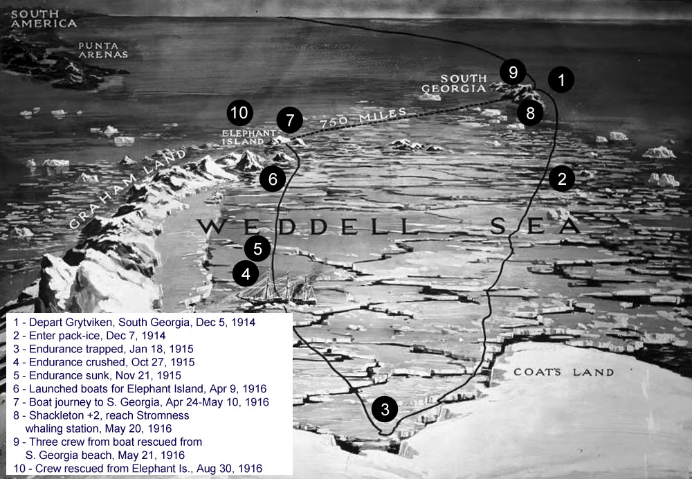 Map, route of the Endurance, Ernest Shackleton
