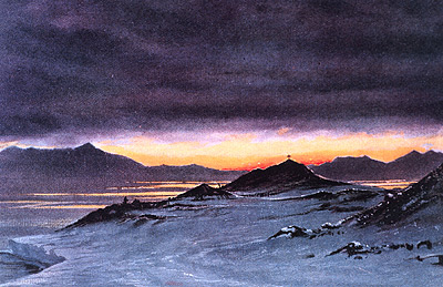 Edward Wilson, watercolour painting - Hut Point, midnight, March 27, 1911
