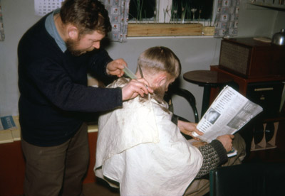 Peter Tilbrook having a "short back and sides" courtesy Walter Townsend