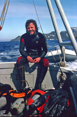 Doug Allen on stern of Serolis after dive summer