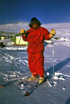 Jon in full winter gear going cross country skiing