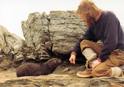 Nick with baby fur seal March 1977