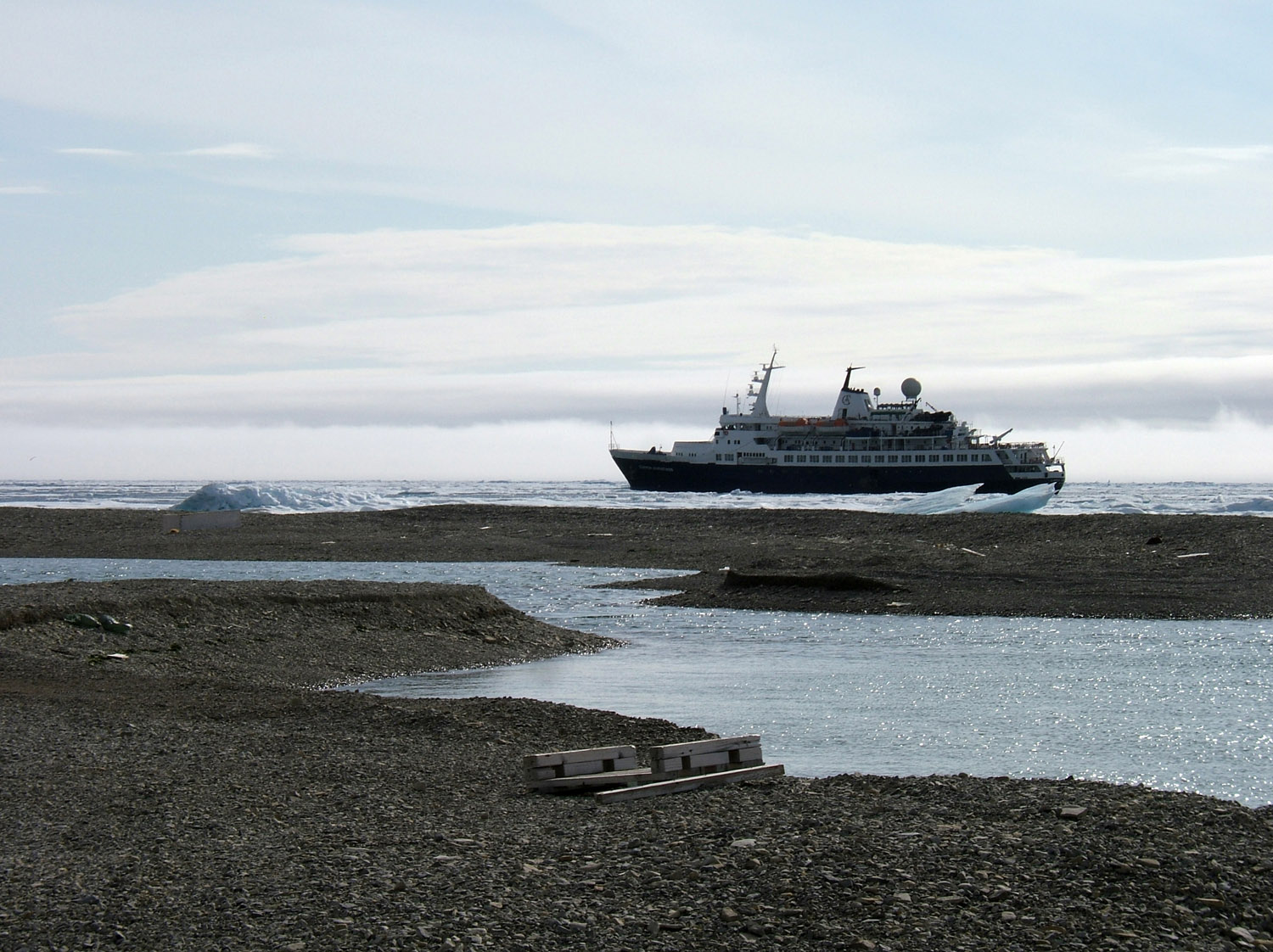 First View of the Ship - The Clipper Adventurer - in Resolute Bay