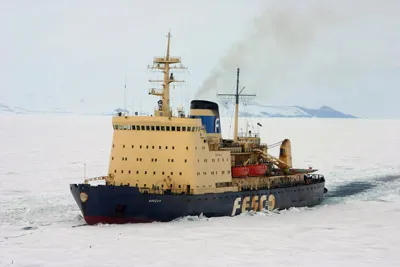 Krasin icebreaking in McMurdo Sound