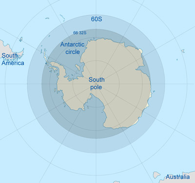 The Antarctic centered on the South Pole
Land surrounded by sea